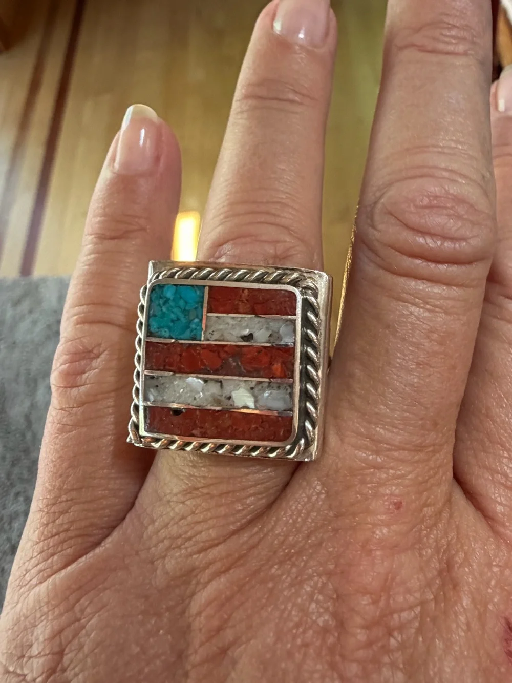 Sterling Inlay American Flag Ring with Turquoise - Picture 8 of 9